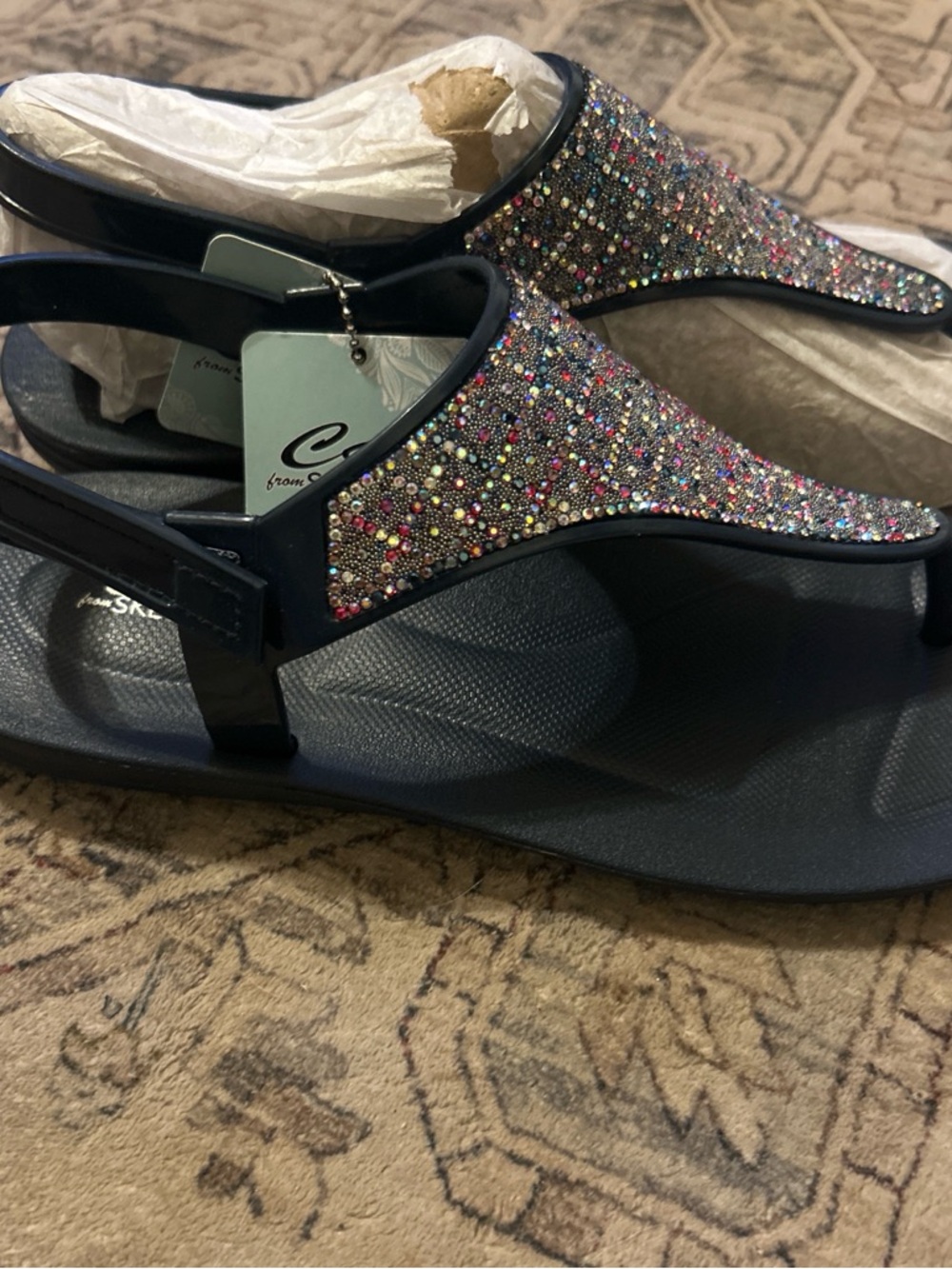 Skechers Navy Thong Sandals with Multicolor Rhinestones